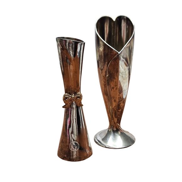 2 Silver Bud Vase Heart Shaped International Silver Company Gold Bow Davco - Picture 1 of 6